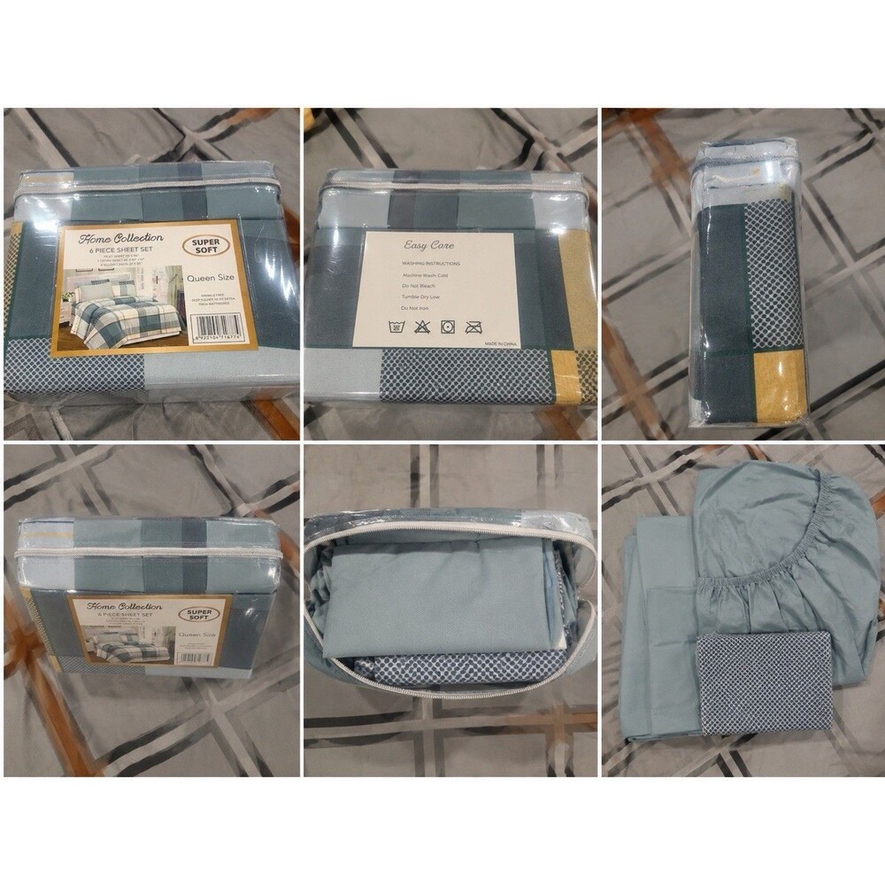 Home Collection 6-Piece Queen Sheet Set Plaid Blue/Gray/Yellow Bedding